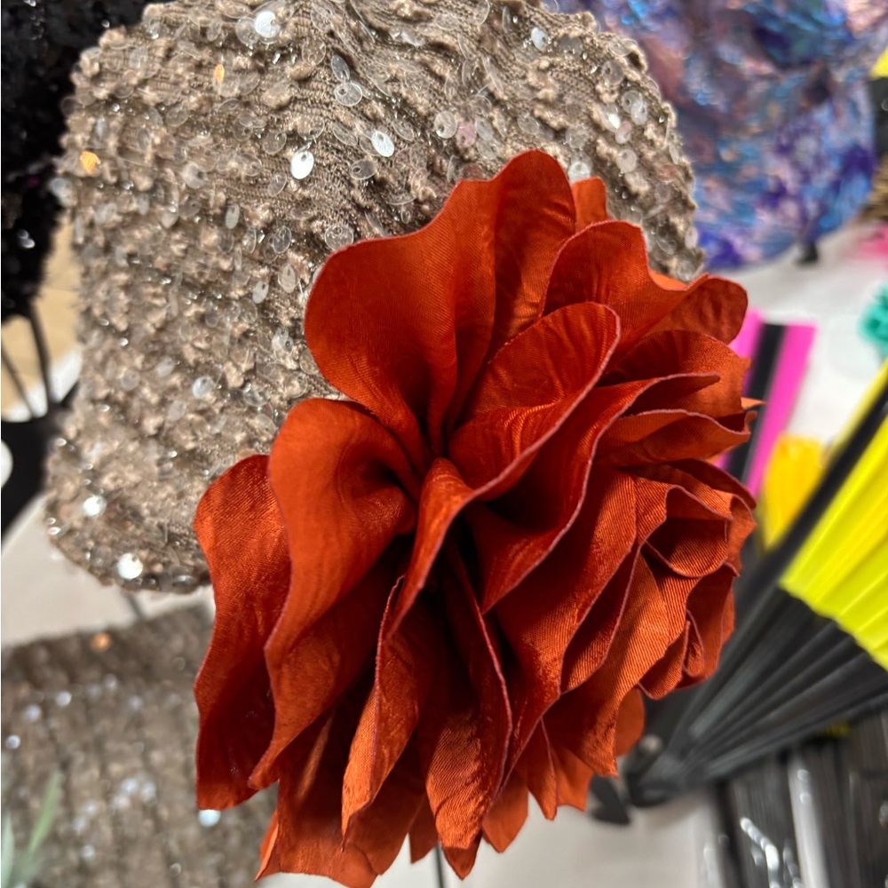 Sequin Embellished Hat with Orange Flower